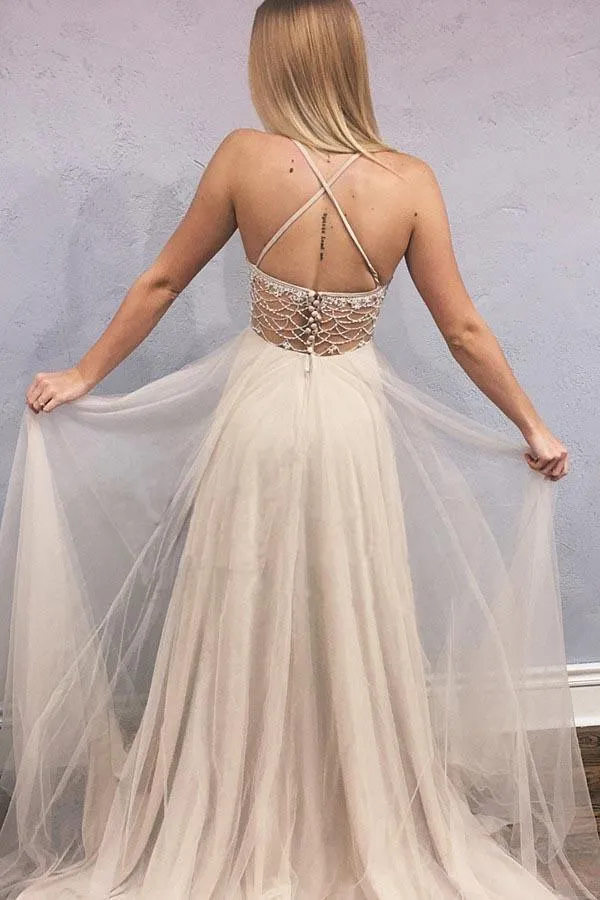 A-line Empire Straps Beading Criss Cross Back Tulle Long Prom Dress PG825