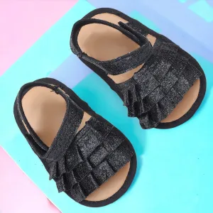 Baby Moo Frilly Glitter Partywear Velcro Straps Anti-Skid Sandals - Black