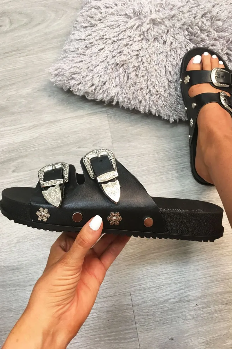 Black PU Snowflake Western Buckle Sandals - Ellington