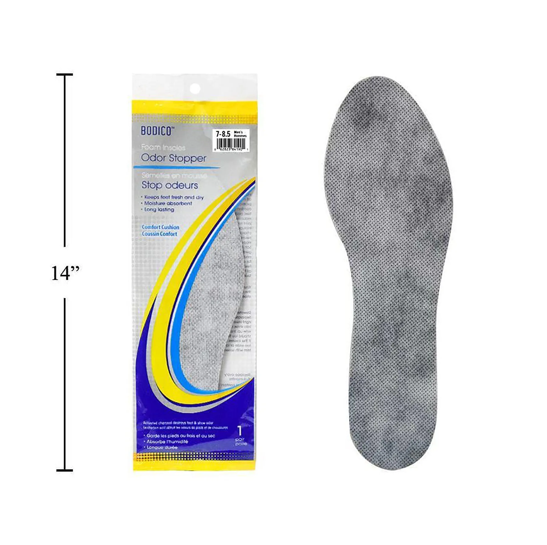 Bodico 1 Pair Black Insoles Odour Stopper Men's 7-8.5