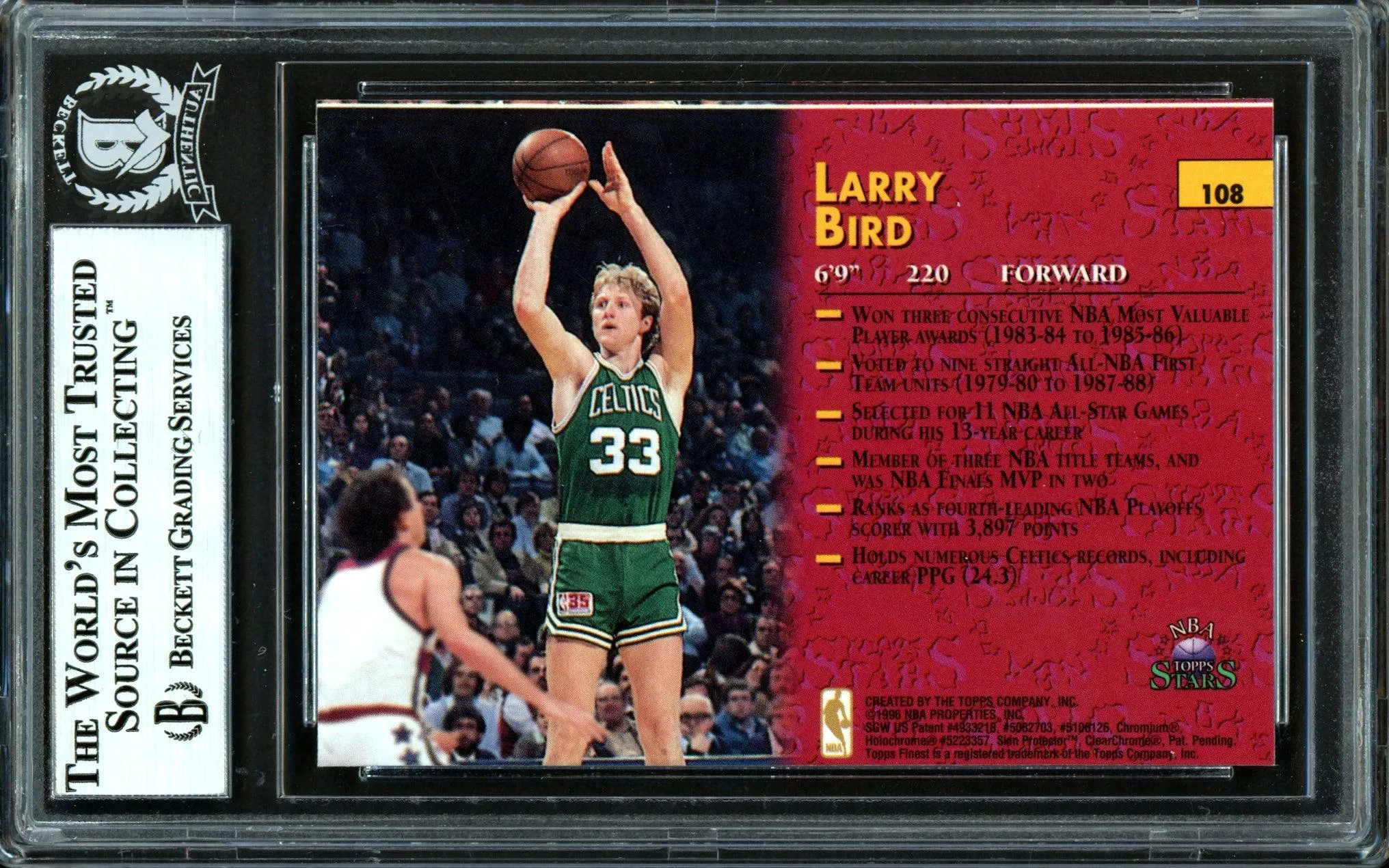 Larry Bird Autographed 1996 Topps Stars Card #108 Boston Celtics Beckett BAS #13446986