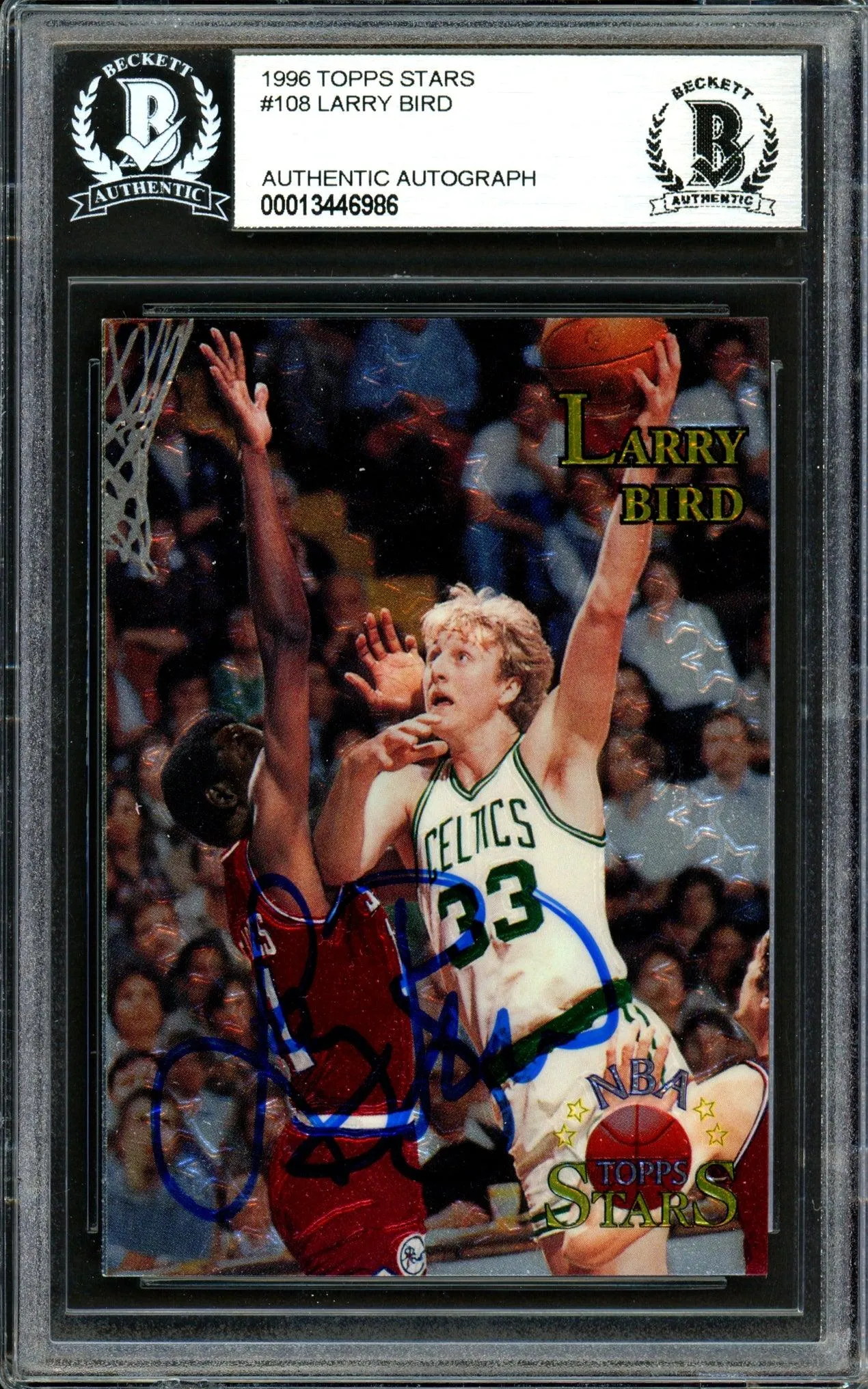 Larry Bird Autographed 1996 Topps Stars Card #108 Boston Celtics Beckett BAS #13446986