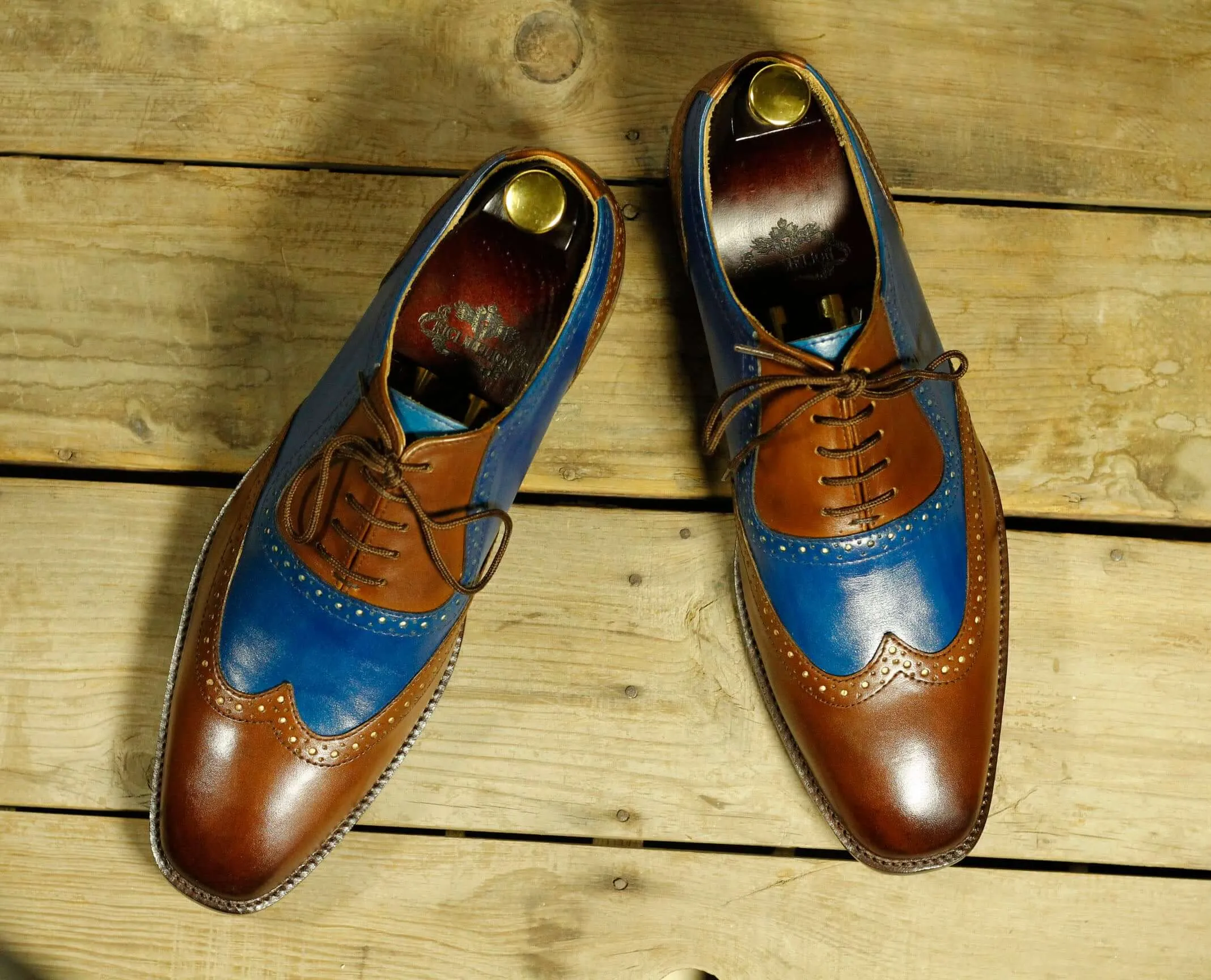 Men's Shoes Blue Brown Leather Wing Tip Fashion Shoes