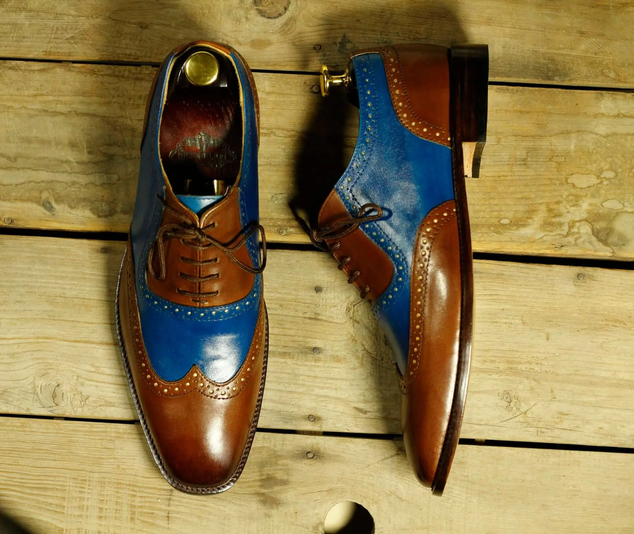 Men's Shoes Blue Brown Leather Wing Tip Fashion Shoes