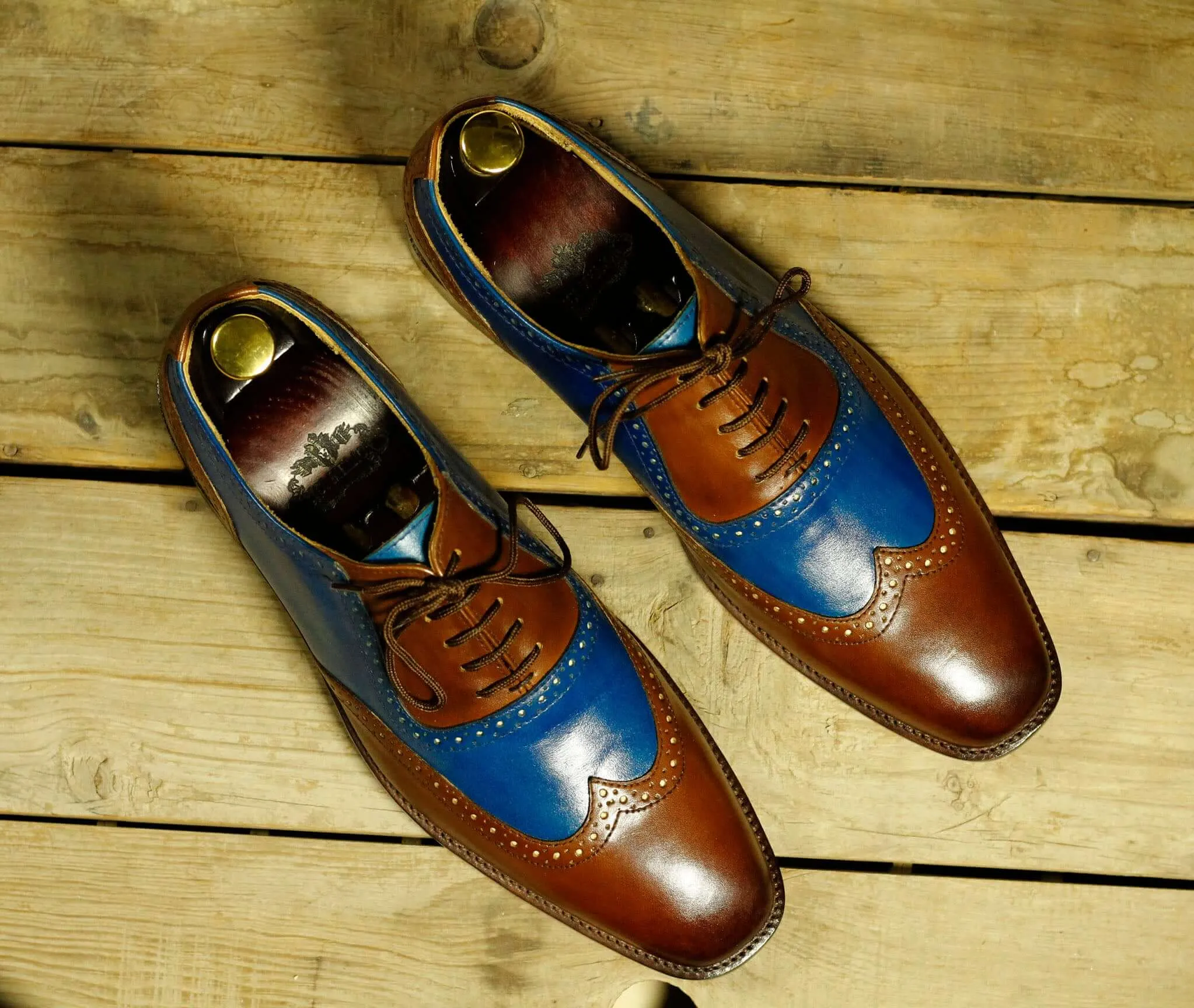 Men's Shoes Blue Brown Leather Wing Tip Fashion Shoes