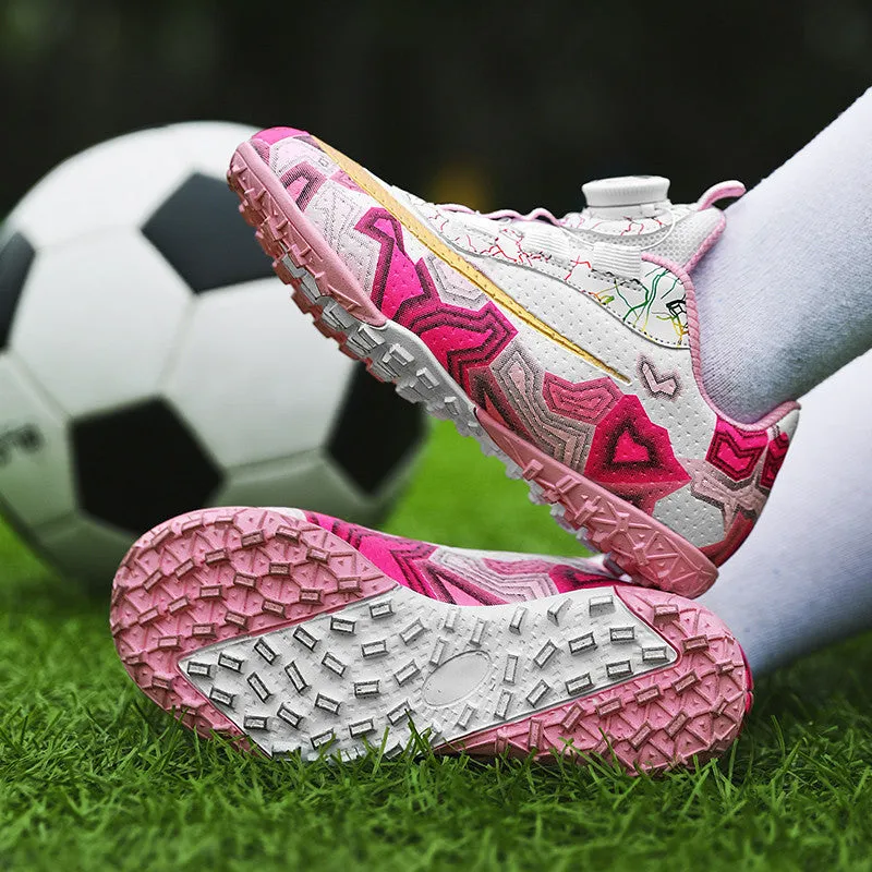 Rotating Button Soccer Shoes for Kids, Magic Tape, TF Studs