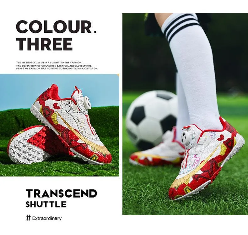 Rotating Button Soccer Shoes for Kids, Magic Tape, TF Studs