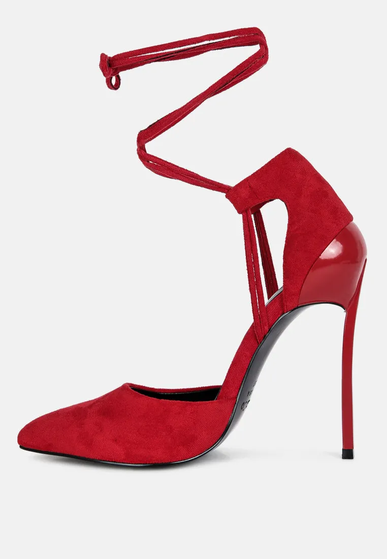 RULE-BREAKER  Red Lace Up Stiletto Sandals