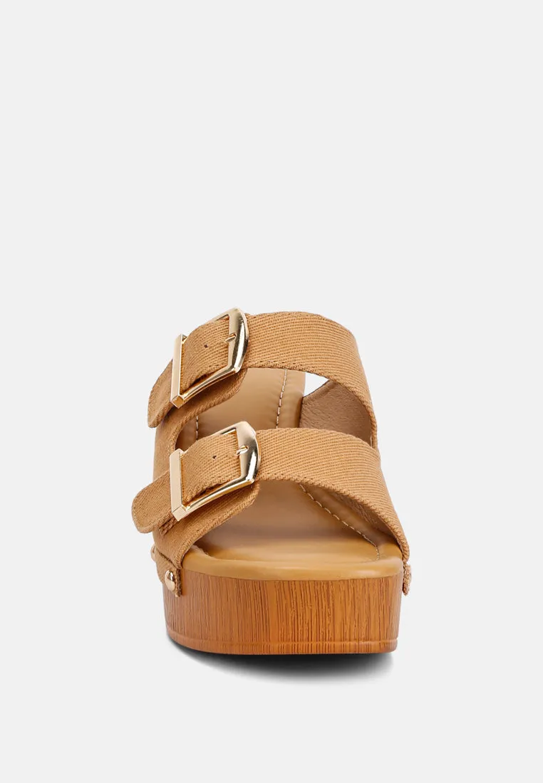 Sarai Buckle Straps High Block Heel Clogs In Tan