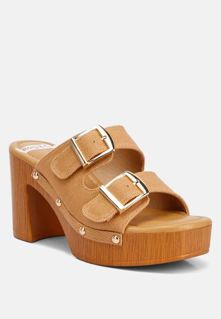 Sarai Buckle Straps High Block Heel Clogs In Tan