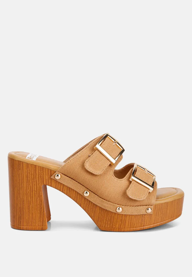 Sarai Buckle Straps High Block Heel Clogs In Tan