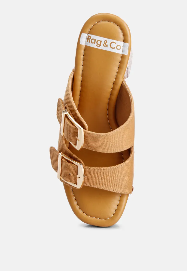 Sarai Buckle Straps High Block Heel Clogs In Tan