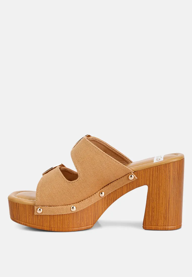 Sarai Buckle Straps High Block Heel Clogs In Tan