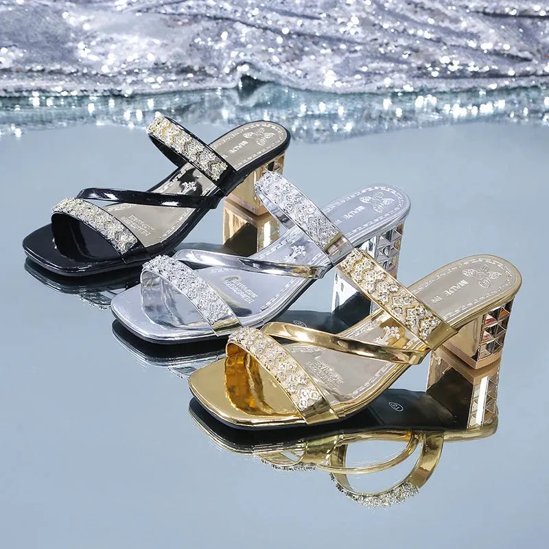 Women's Gold Silver Sandals Summer Crystal High Heels Party Shoes Woman Comfortable Thick Heel - WSD50216