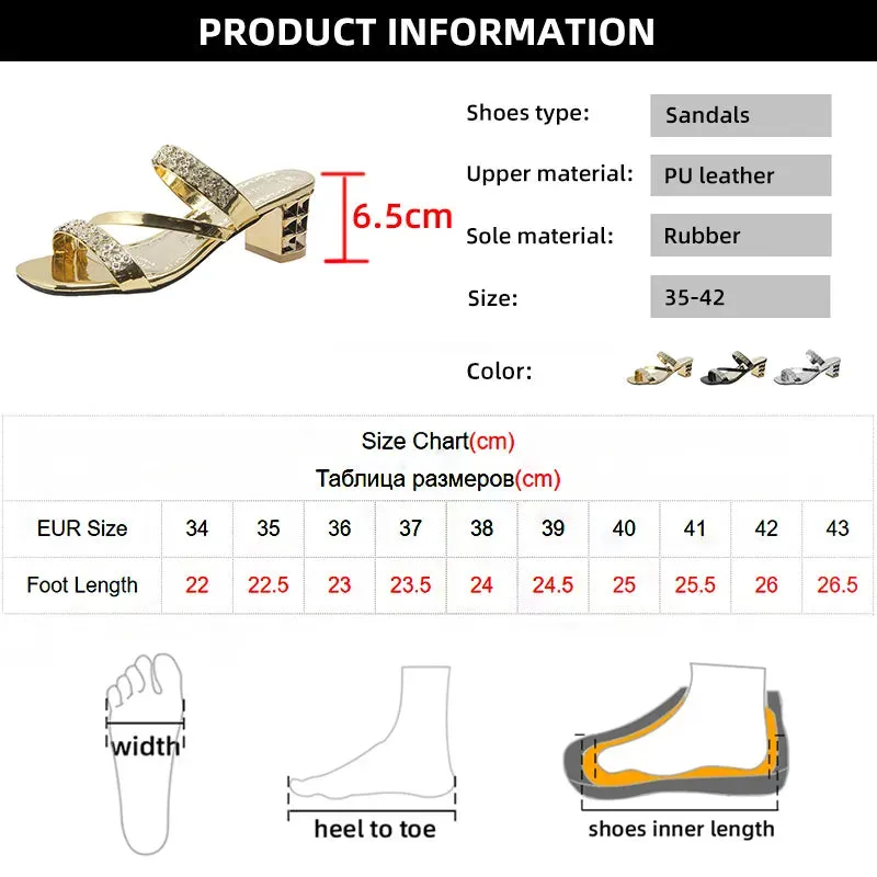 Women's Gold Silver Sandals Summer Crystal High Heels Party Shoes Woman Comfortable Thick Heel - WSD50216