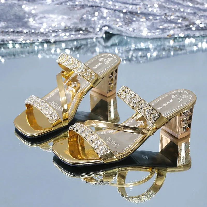 Women's Gold Silver Sandals Summer Crystal High Heels Party Shoes Woman Comfortable Thick Heel - WSD50216