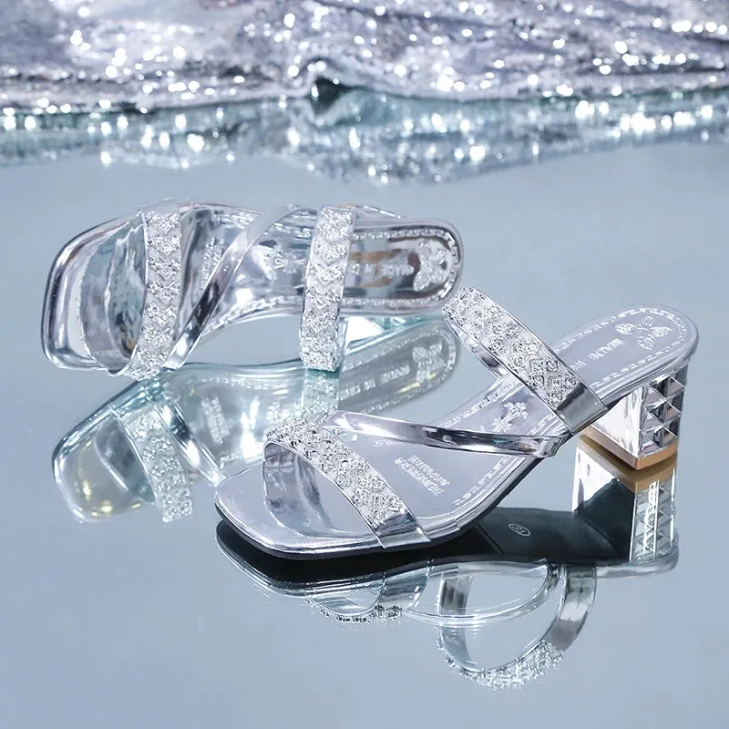 Women's Gold Silver Sandals Summer Crystal High Heels Party Shoes Woman Comfortable Thick Heel - WSD50216