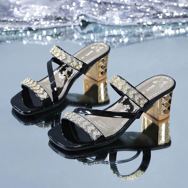 Women's Gold Silver Sandals Summer Crystal High Heels Party Shoes Woman Comfortable Thick Heel - WSD50216